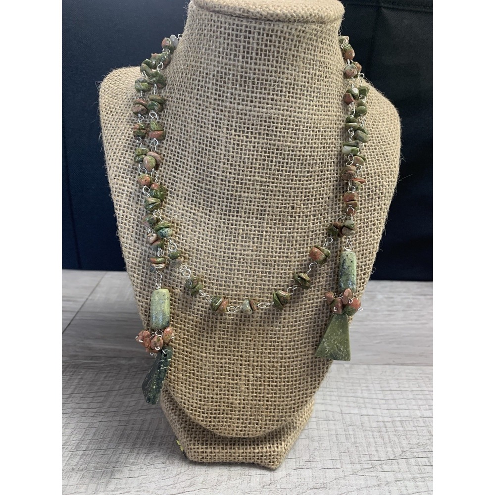 Natural‎ Green Unakite Jasper Chip Gem Necklace Belt 40"